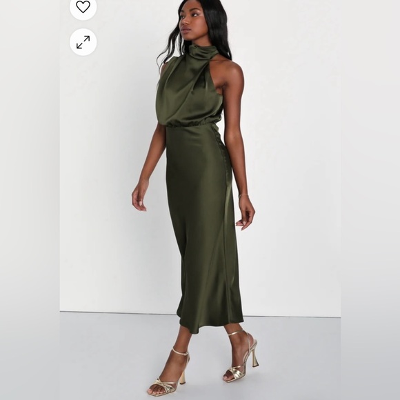 Lulus Distinctive Charm Olive Green Satin Asymmetrical Midi Dresss. NEW! Medium - Picture 4 of 7
